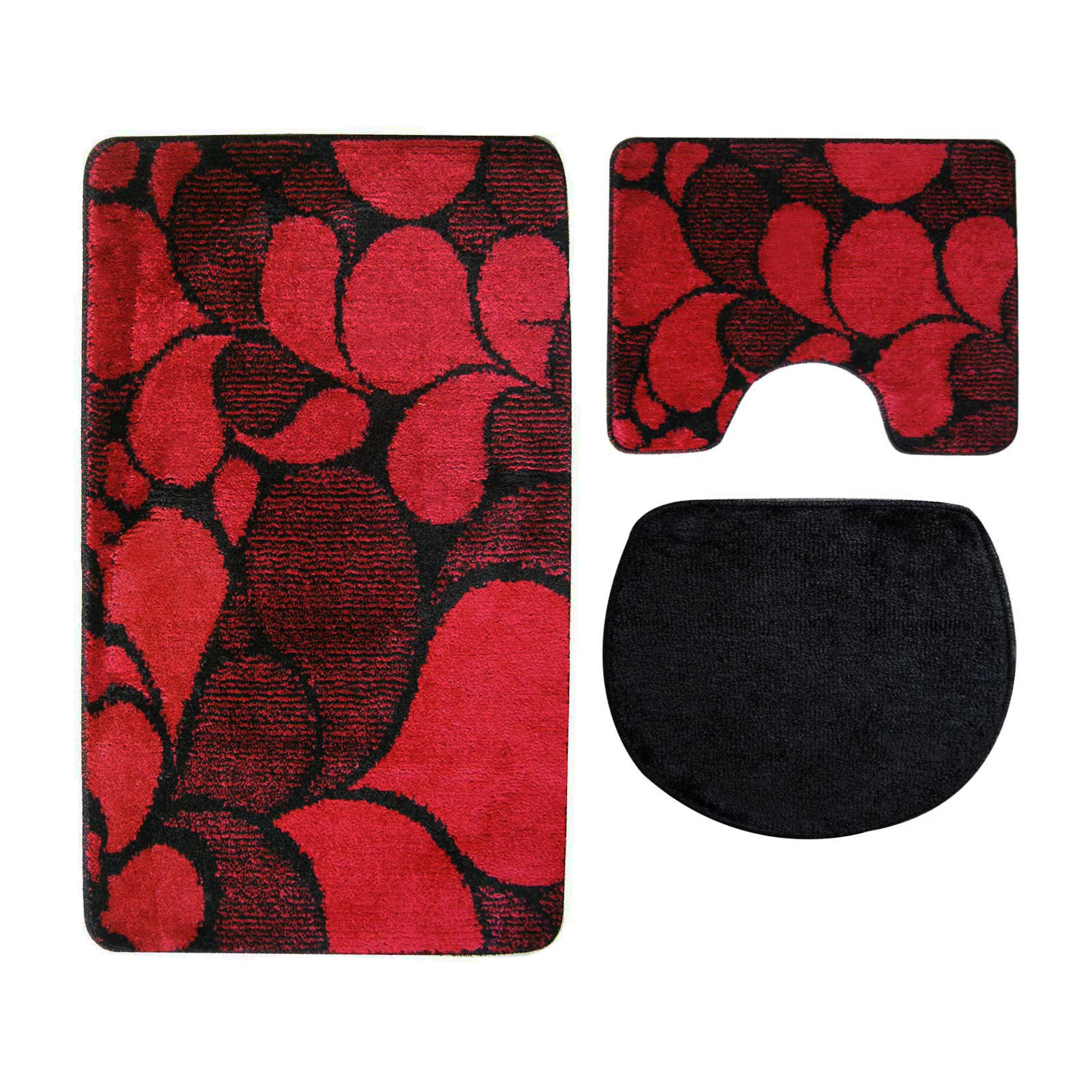 3 tlg Badematte Badezimmerteppich Badteppich Set #79 ROT