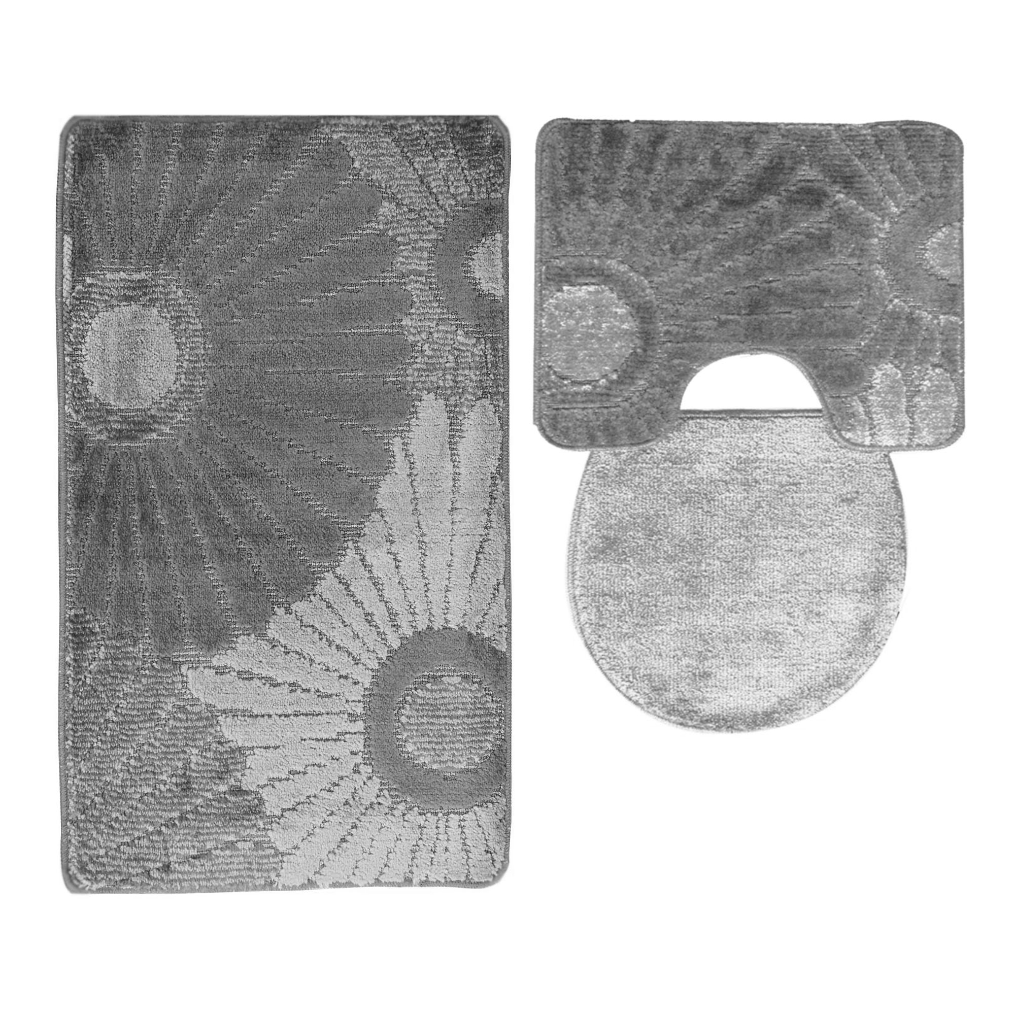 3 tlg Badematte Badezimmerteppich Badteppich Set #02 GRAU